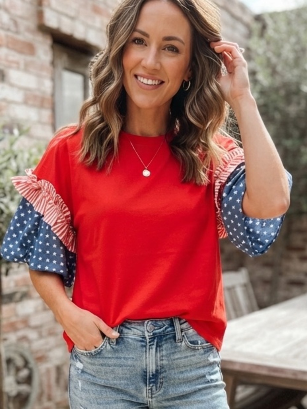 Amazon Red Colorblock Ruffle Sleeve Blouse - Picture 1 of 5